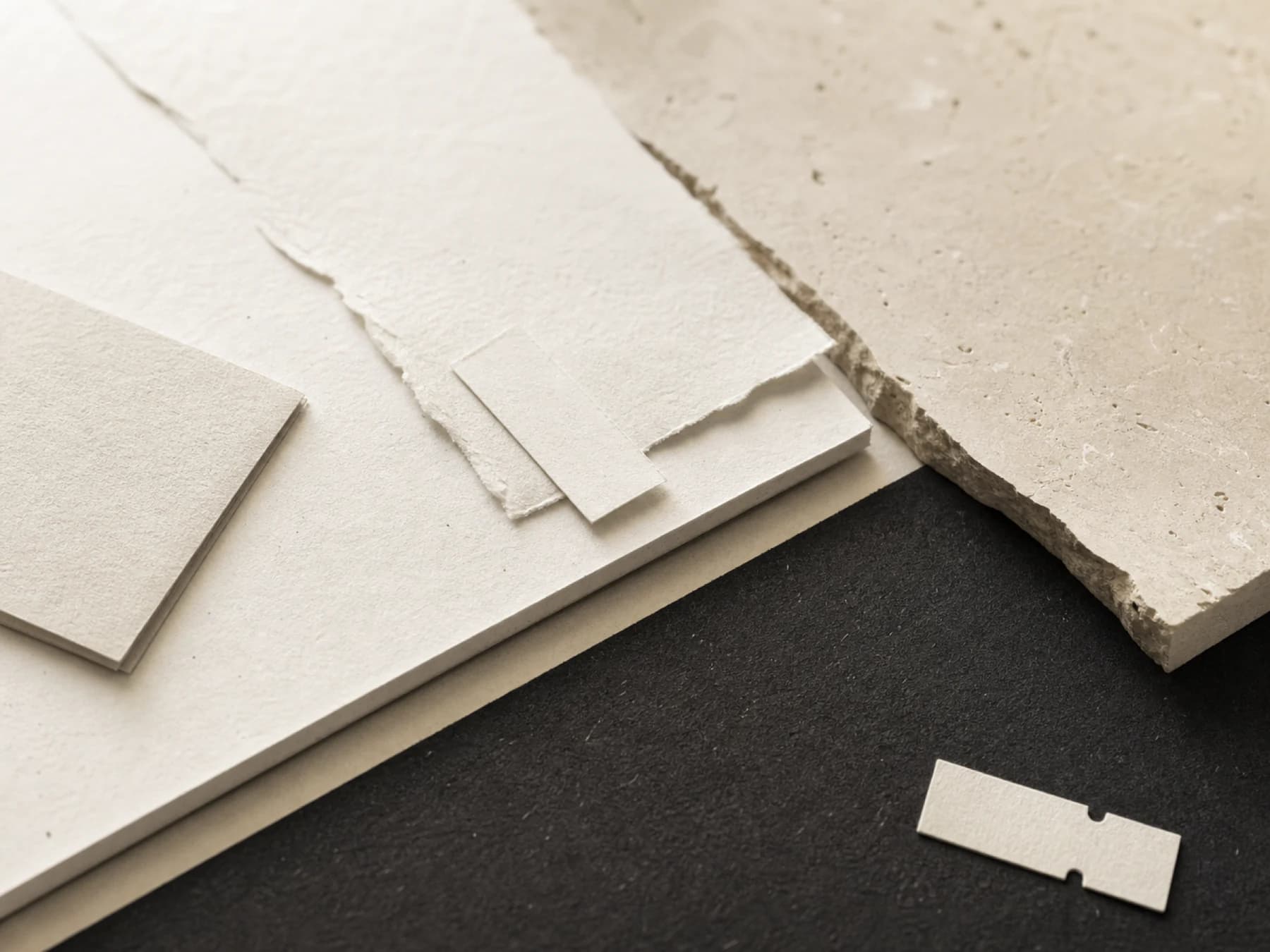 Konstnärligt gestaltad studie av papper, sten och fibermaterial för Noleras visuella värld