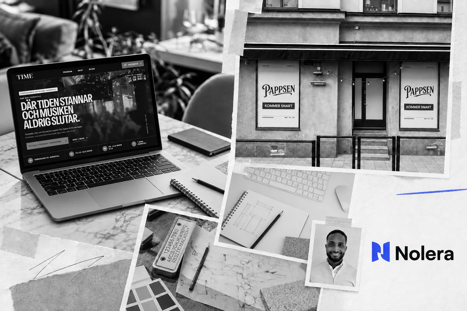 Svartvitt collage med TIME Bars hemsida på en laptop, skisser, Pappsens fönstervisualisering, ett litet porträtt och Noleras blå logga