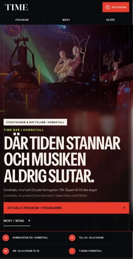 TIME Bars riktiga mobila startsida med tydliga val för program, meny och besök